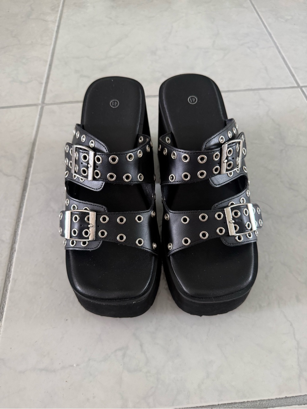 Black Double-Buckle Slide Platform Sandals size 41 (10)